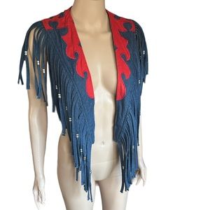 Canyon Colors Fringed Beaded Denim Shawl Western One Size